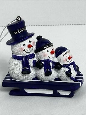 Snowman Family Sled Ornament - Blue and White Holiday Decor